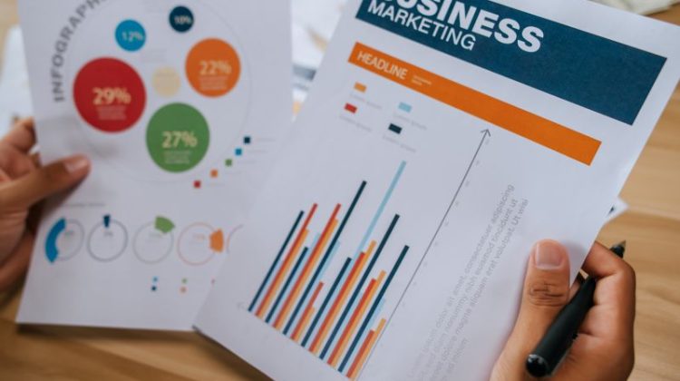 Business owner reviewing marketing charts and sales-performance data.