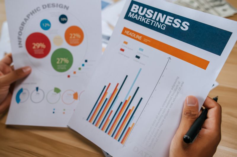 Business owner reviewing marketing charts and sales-performance data.