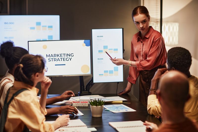 Marketing professional presenting campaign performance data to colleagues during a marketing strategy meeting