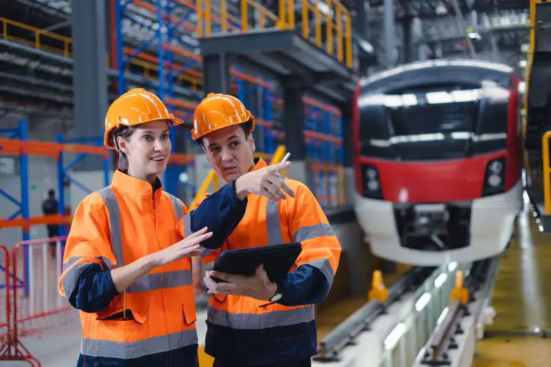 Engineer man and women worker working team together in electric train service depot transport