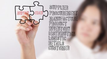 business woman draws puzzle and supply chain and related words