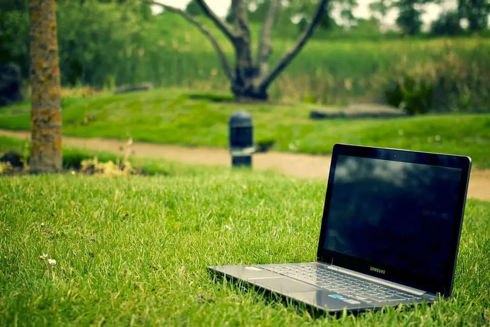 Laptop in the green field