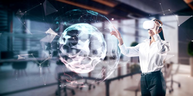 Attractive Young European Businesswoman With Vr Glasses Using Abstract Polygonal Sphere On Blurry