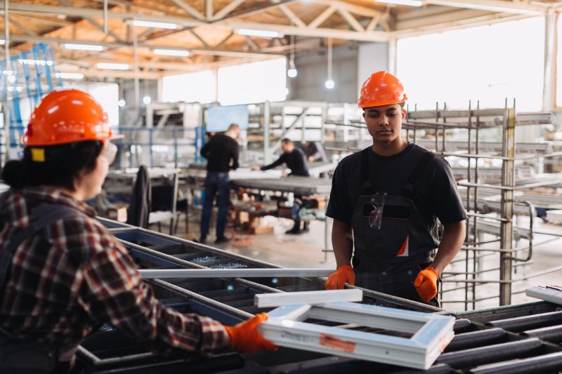 Two factory workers wearing orange safety helmets and protective gloves handling materials on a production line inside an industrial manufacturing facility.