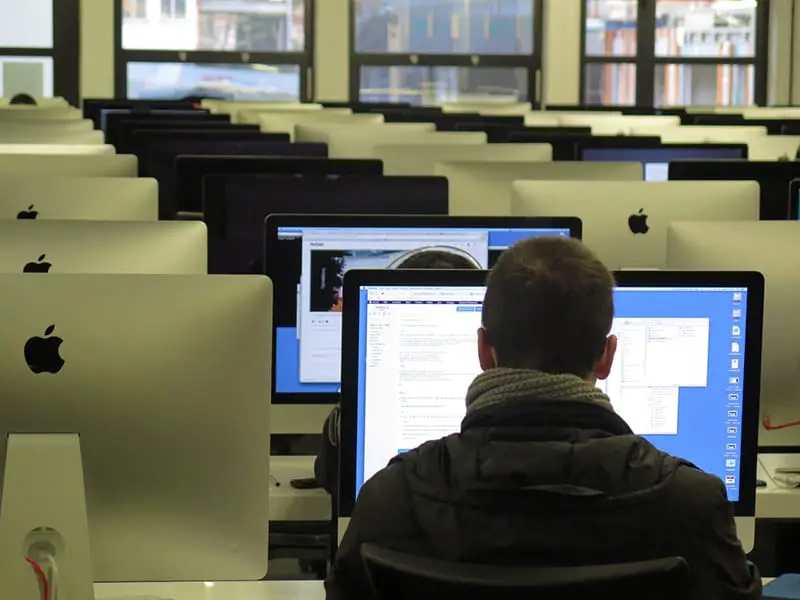 Rear view of man working at a computer in office