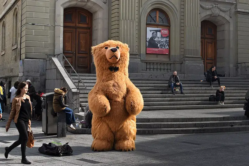 Brown bear mascot standing in front of a building  - effective branding