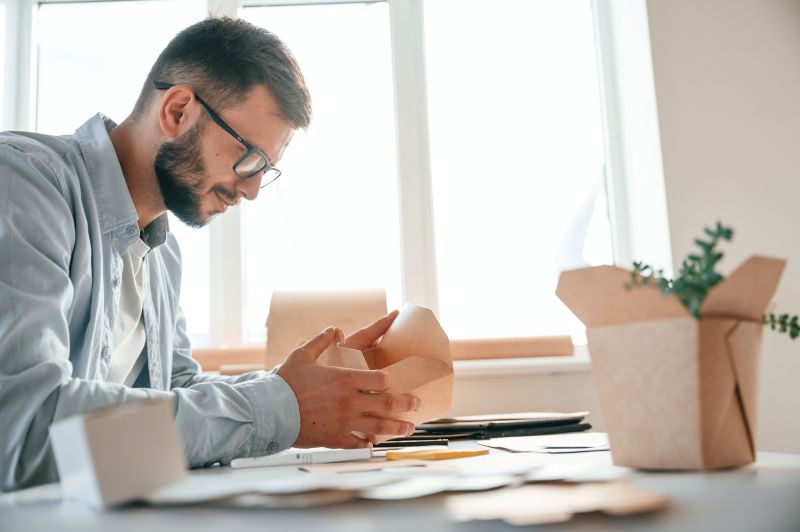 Holding little wooden box. Print house worker in white clothes is indoors.