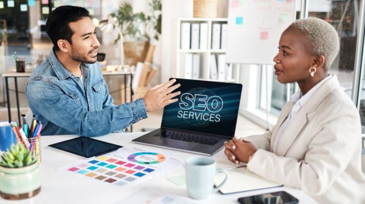 Business presentation, seo training and communication with seminar and analytics of a worker.