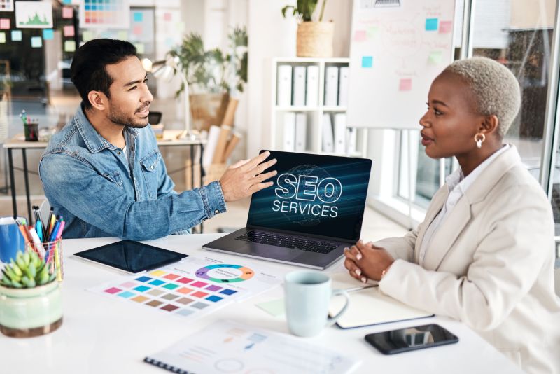 Business presentation, seo training and communication with seminar and analytics of a worker.