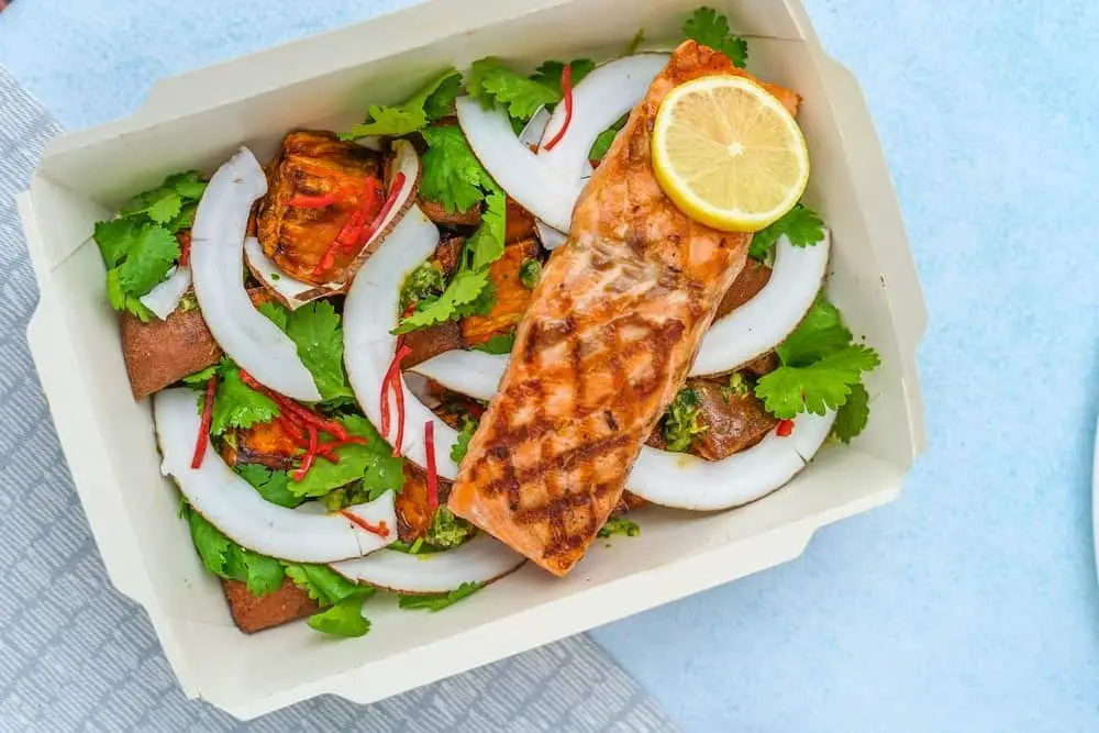 vegetable salad with grilled salmon in disposable packaging