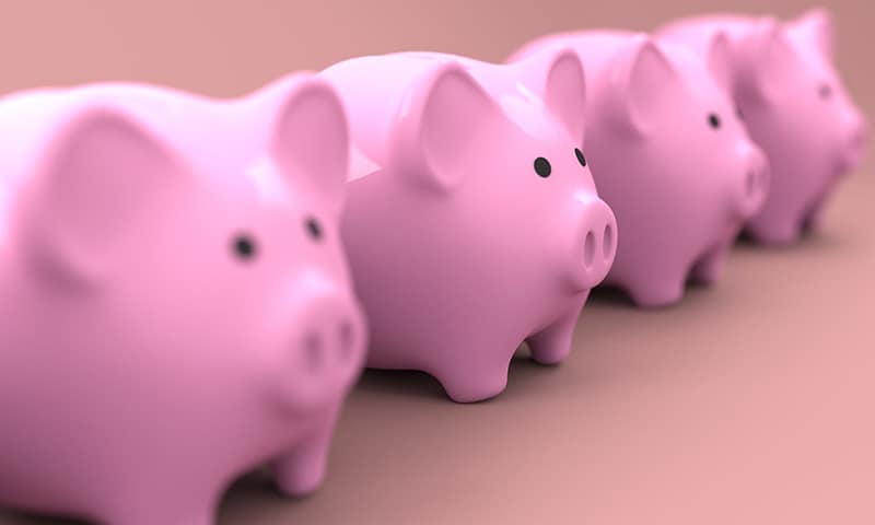 Finance business money illustration – pink piggy banks in a row