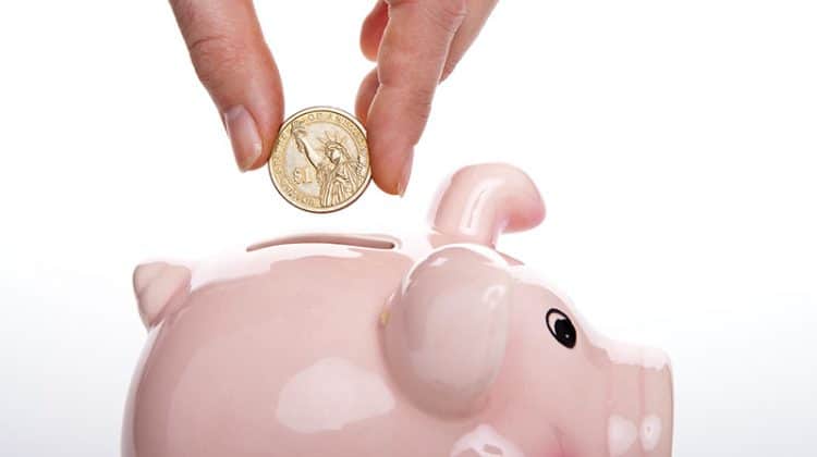 saving money – person putting dollar coin into piggy bank - investing