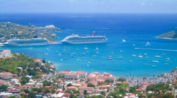 aerial photography of a bay with two cruise ships and smaller boats