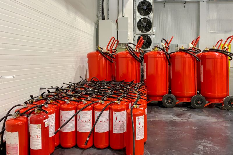 Rows of Red Fire Extinguishers Ready for Use