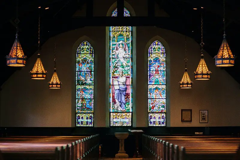Stained glass windows see from the inside of a church