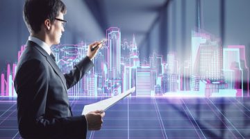 Smart City Project Design Concept With Architect Draws On Digital Screen Hologram Town With