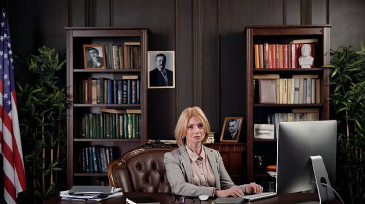 business lawyer in office sitting at desk next to US flag