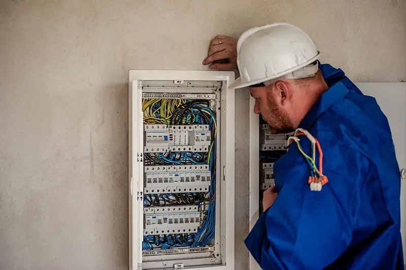 Electrician in blue overalls and hard hat working at electricity fuse box – Electricity cables