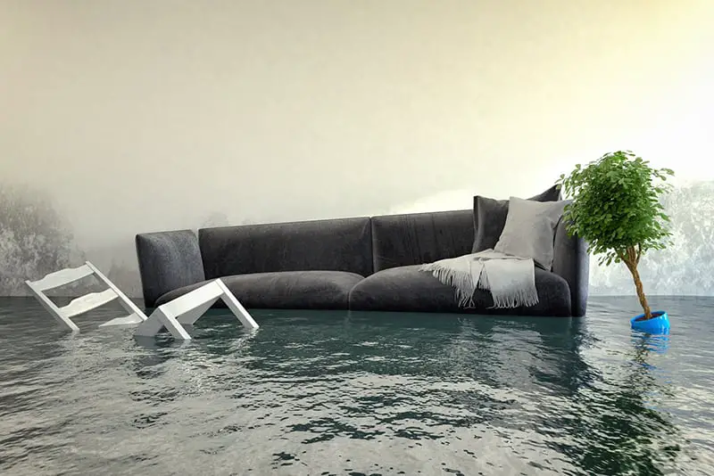 A living room in a heavy flood
