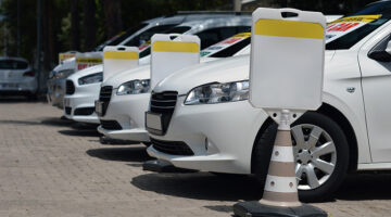 White cars for rental on the park
