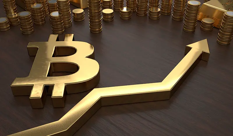 Gold bitcoin and an arrow up