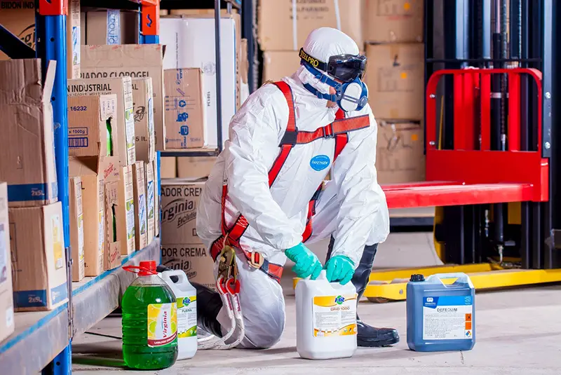 Adult in PPE - safety equipment next to chemicals in the workplace