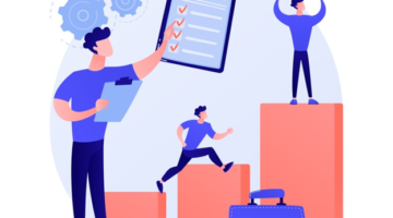 Self made businessman. career ladder. personal improvement, new opportunity. man with cubes building stairs. business growth, strategy development - vector
