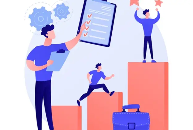 Self made businessman. career ladder. personal improvement, new opportunity. man with cubes building stairs. business growth, strategy development - vector
