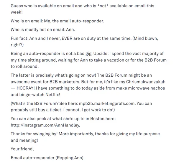 Ann Handley's Auto Reply Email