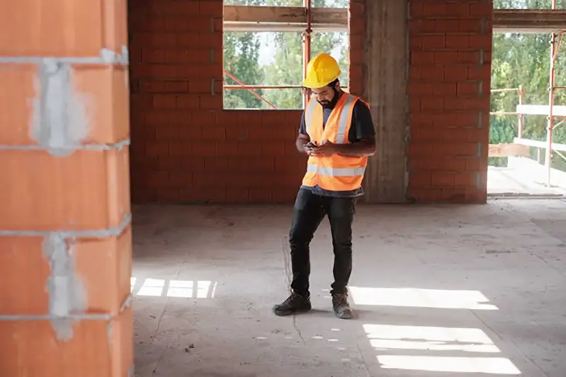 Man wearing helmet using mobile phone inside construction building
