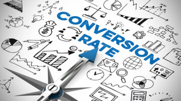 Conversion rate in online marketing with many icons and symbols (3D Rendering)