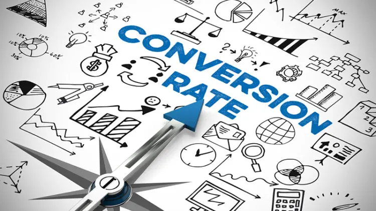 Conversion rate in online marketing with many icons and symbols (3D Rendering)