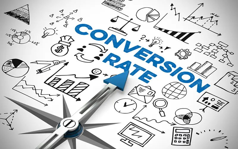 Conversion rate in online marketing with many icons and symbols (3D Rendering)