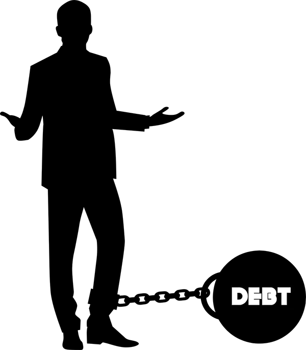 silhouette of a man with a ball and chain around ankles - debt