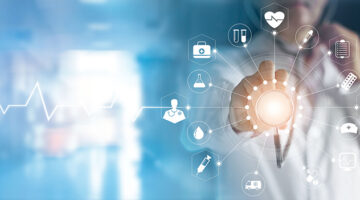 Medicine doctor and stethoscope in hand touching icon medical network connection with modern virtual screen interface, medical technology network concept
