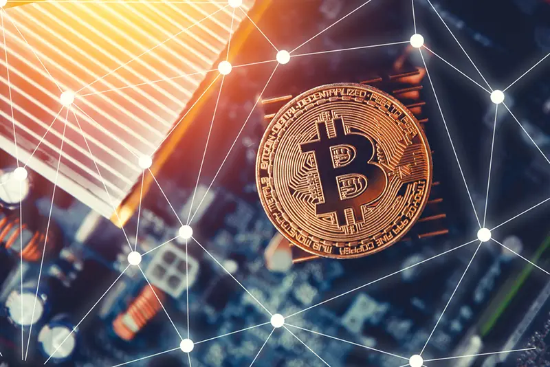 Golden bitcoin on dark background. Concept Blockchain, cryptocurrencies