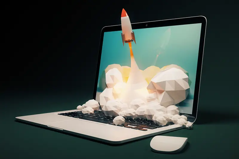 Startup concept with rocket flying out of laptop screen on black background. Sideview, 3D Rendering - growth