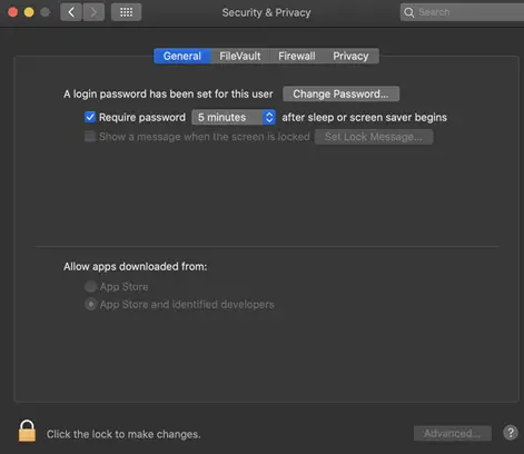 MacOs  security settings screenshot