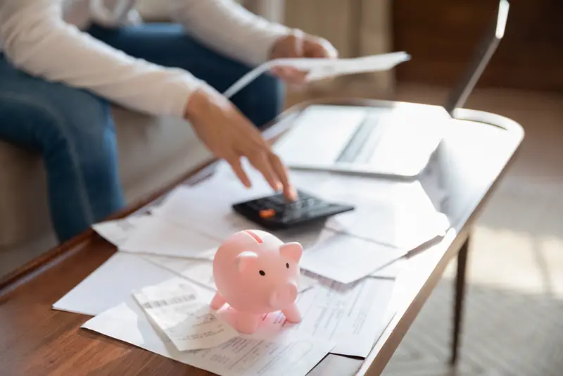 Close up of woman manage household finances feel economical provident saving money in piggy bank for future, female pay bills online, calculate home expenditures expenses, investment concept