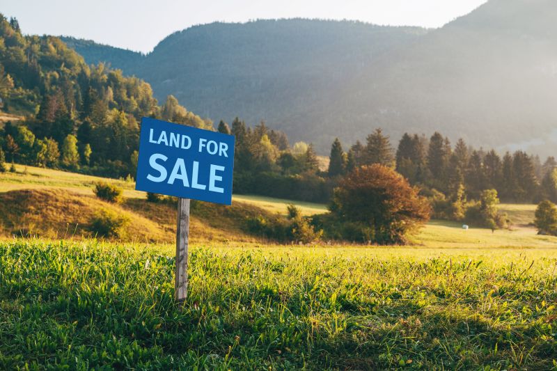 Land for sale sign in meadow in summer morning