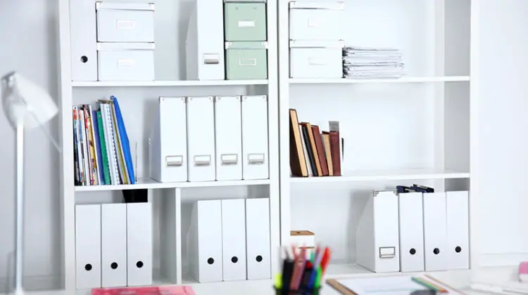 File folders, standing on the shelves in a home office