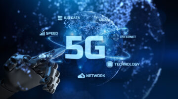 Robot hand pressing button on screen with 5G technology concept