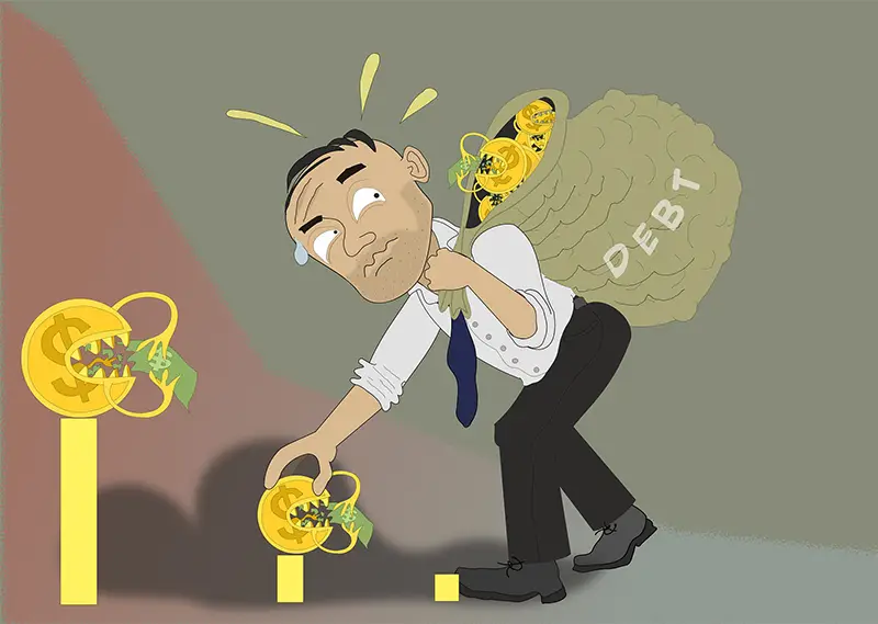 illustration of man reaping plants-like dollar debt concept
