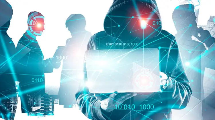 Hacker in hoodie in city, business people and HUD