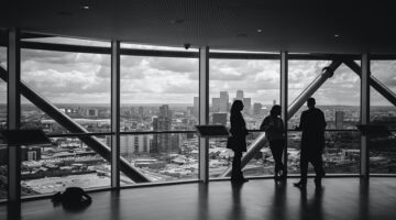 People standing inside the building in the city