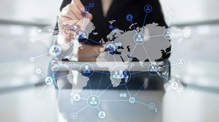 Virtual screen with world map and peoples icons