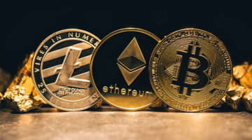 Golden cryptocurrencys Bitcoin, Ethereum, Litecoin and mound of gold