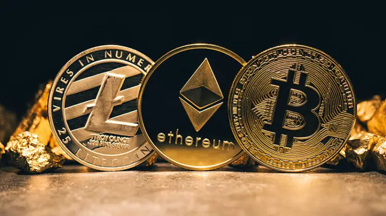 Golden cryptocurrencys Bitcoin, Ethereum, Litecoin and mound of gold