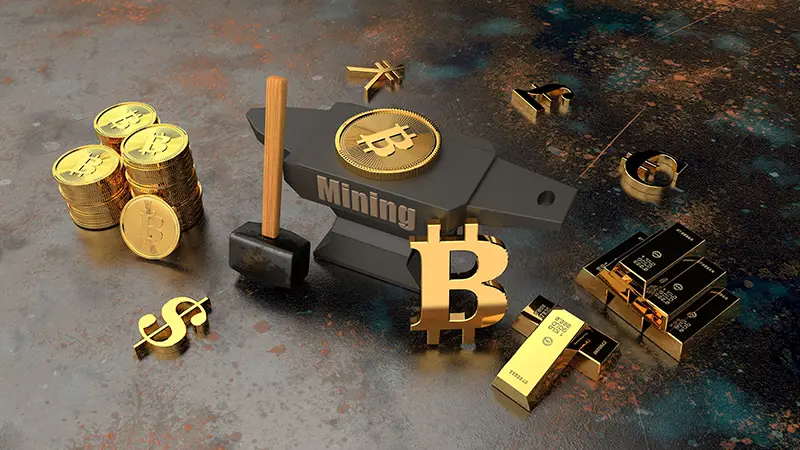 the anvil and hammer on the metal background and lots of gold ingots, coins, cryptocurrency. Sign of bitcoin The idea of mining the Internet of money. A symbol of stability and prosperity 3D rendering