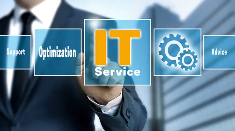 it service optimize support help touchscreen is operated by businessman.